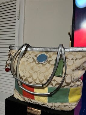 Coach Multicolor Patchwork Canvas Tote with Silver Trim